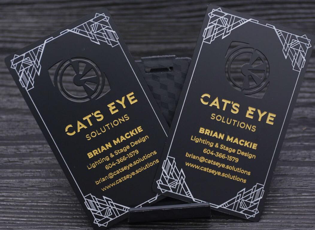 black matte metal card, cutout, etched printing gold and white.