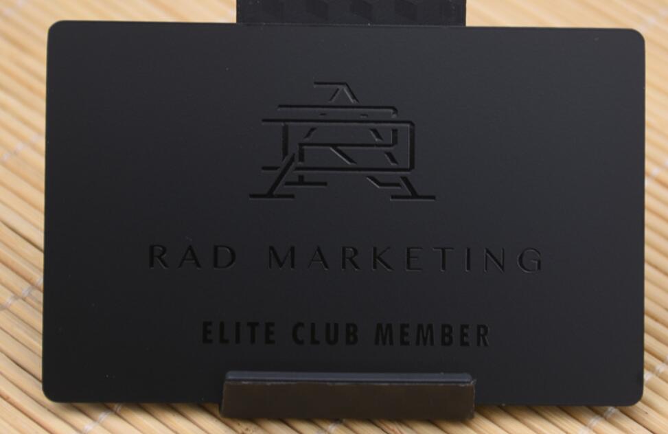 black matte metal card, etched print black