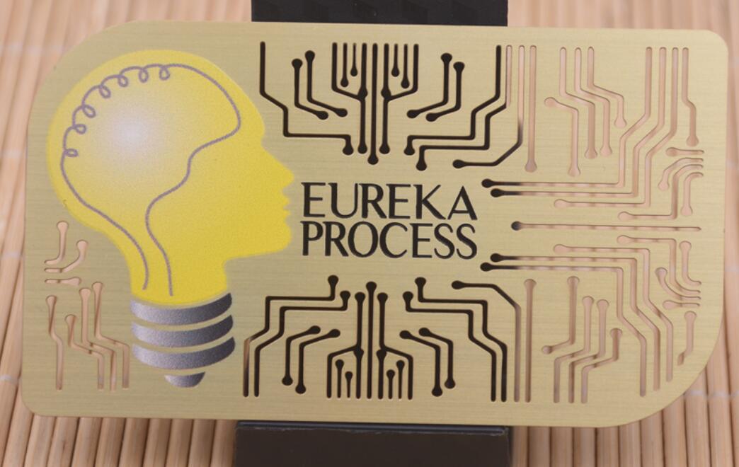 Gold brushed metal card, print full color logo, cutout pattern