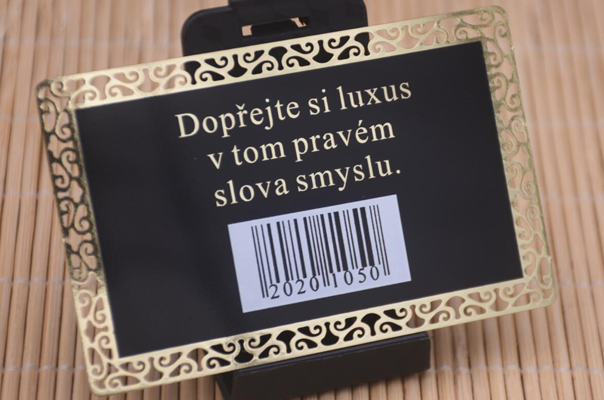 gold metal card, print black background, unique barcode, cutout lace.