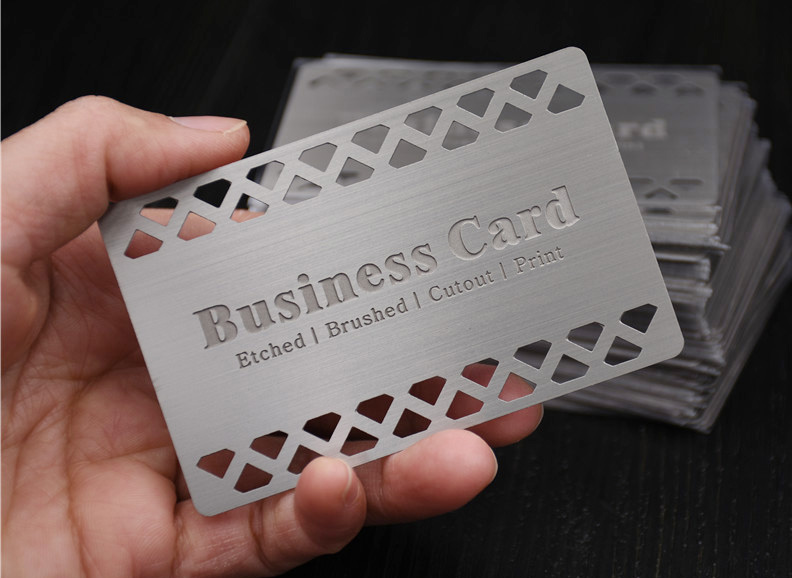 Silver brushed metal card, cutout lace, deep etched logo