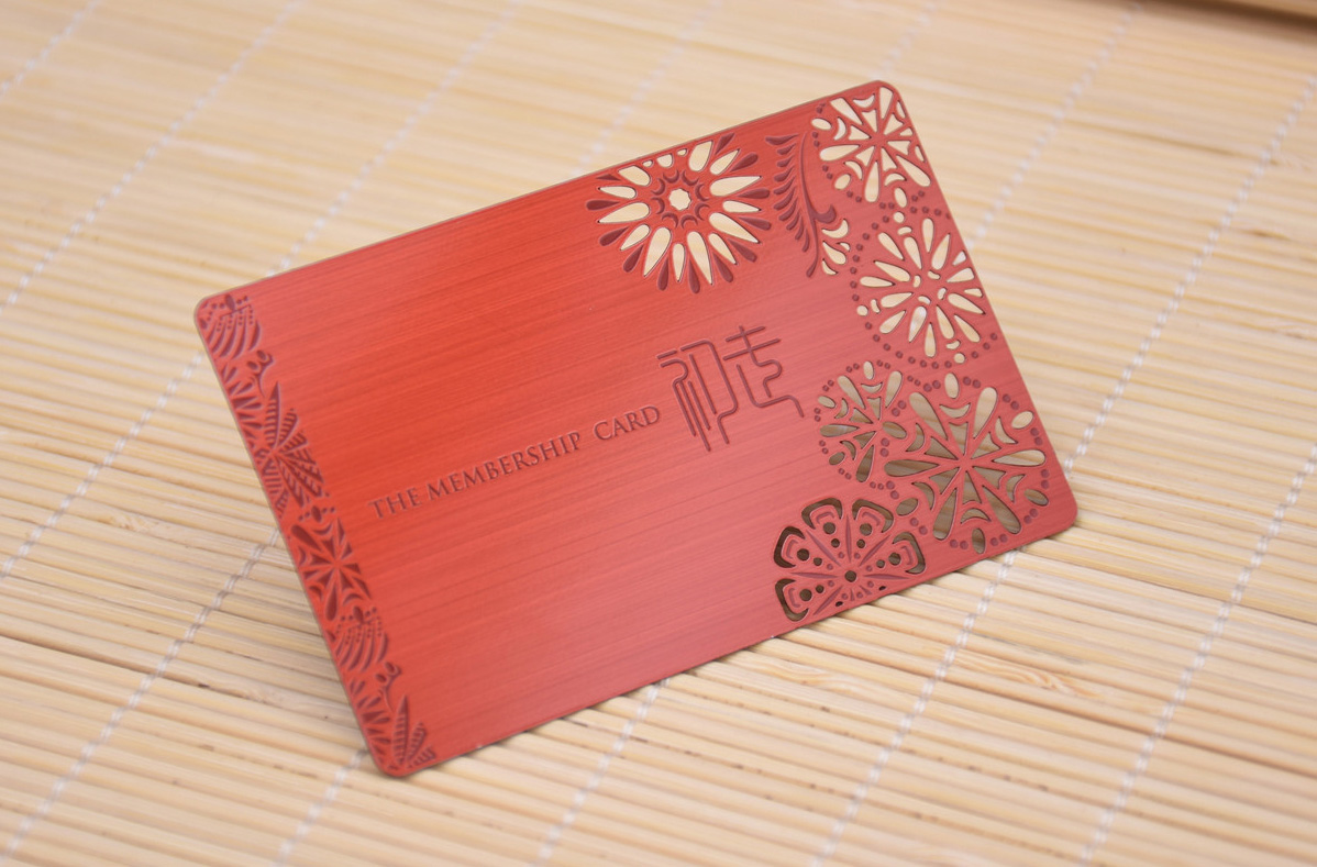 Red gold brushed metal card, etched only, cutout