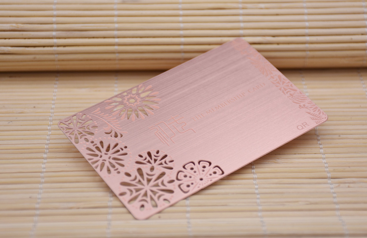 Rose gold brushed metal card, etched only, cutout