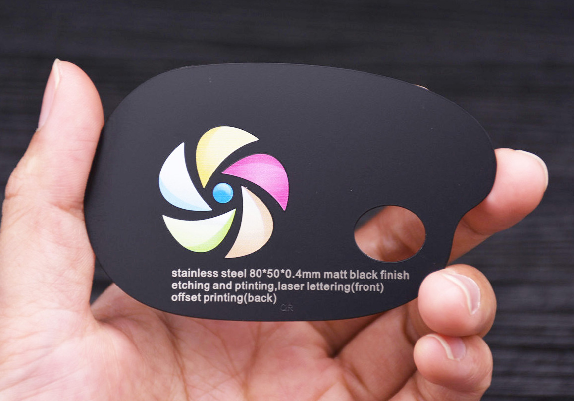 Custom Matte black metal card, full color printing, cutout, laser engraved