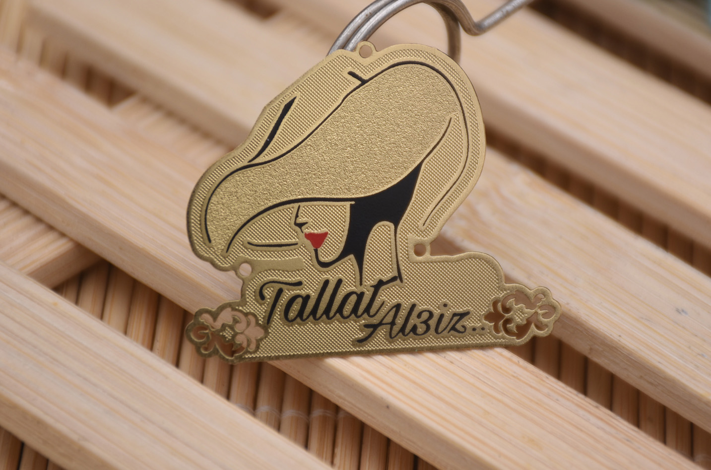 Gold metal tag, frosted and linen, cutout, diecut, print black