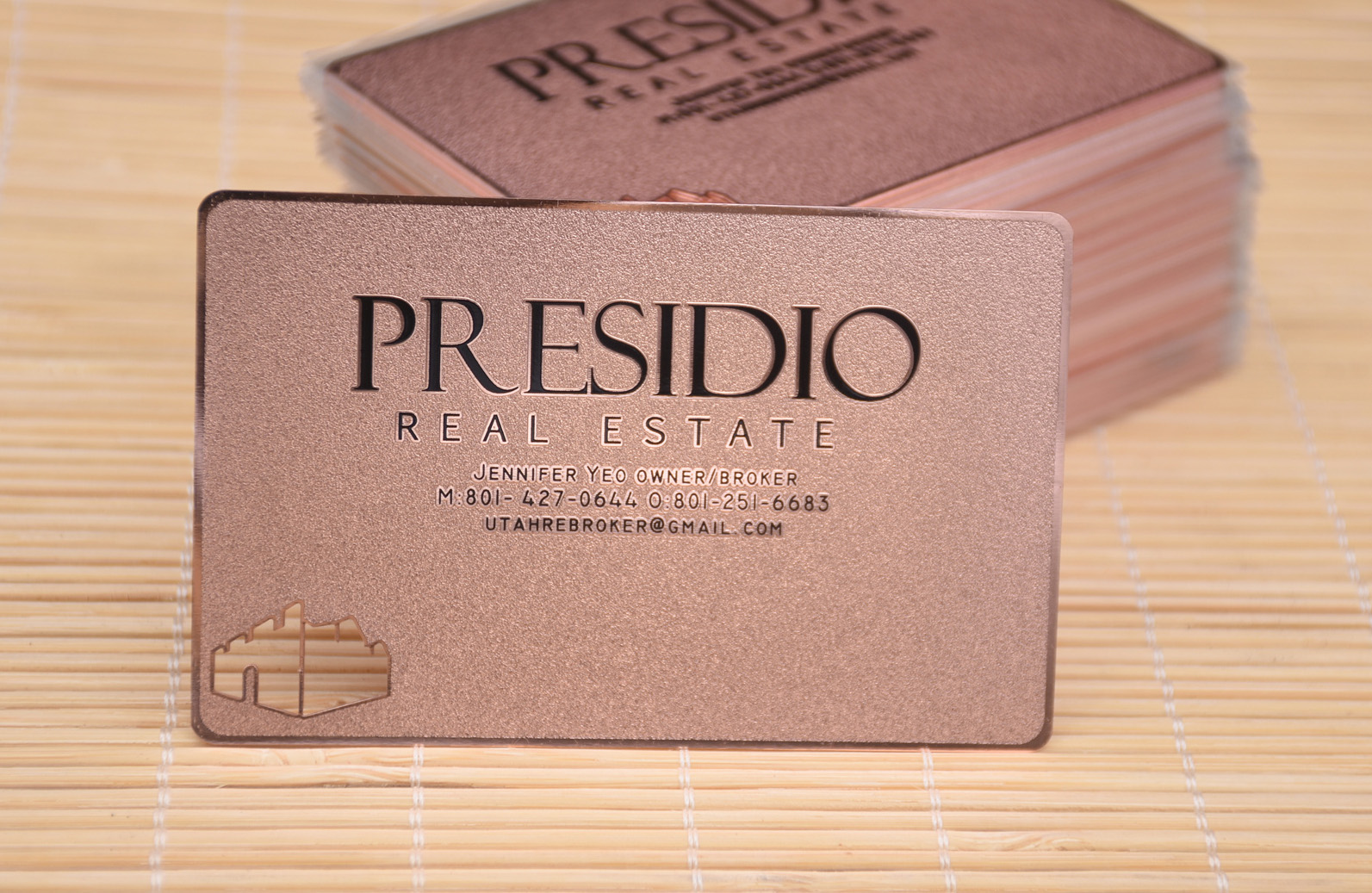 Rose gold metal card, cutout, frosted background