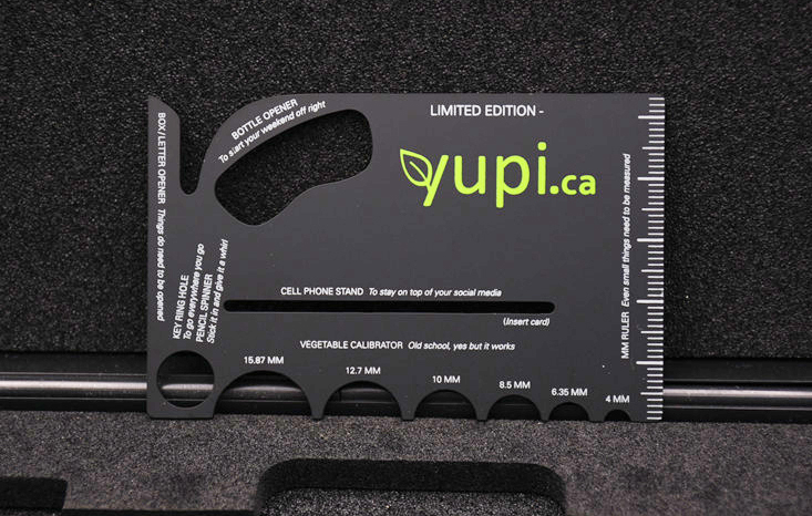 Bottle opener business card, matte black, cutout, diecut