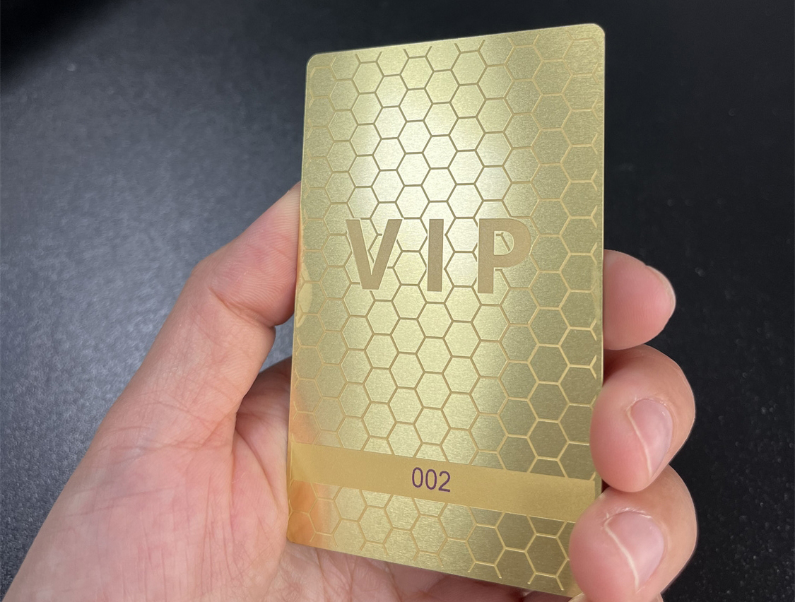 matte gold metal card, etched, print unique number
