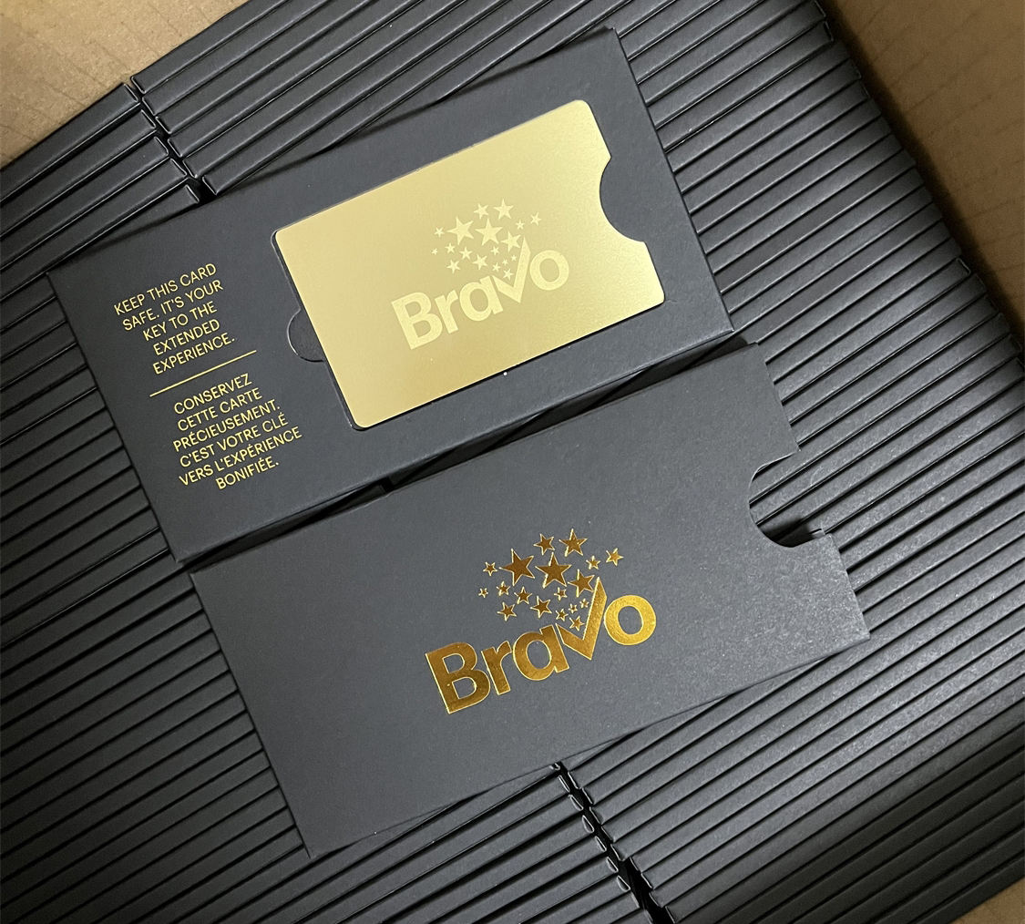 Slide in black card holder, 150x80mm, gold foil stamped logo